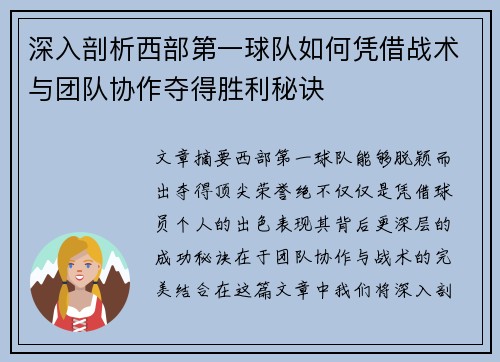深入剖析西部第一球队如何凭借战术与团队协作夺得胜利秘诀