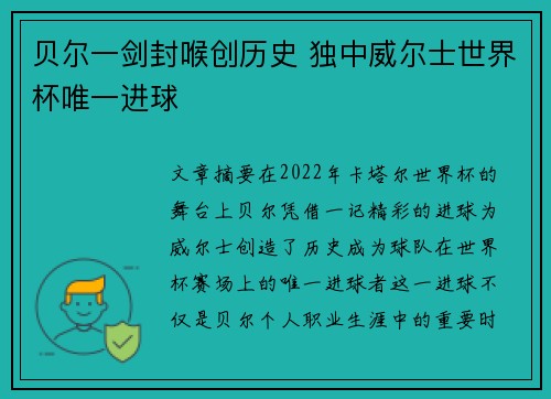 贝尔一剑封喉创历史 独中威尔士世界杯唯一进球