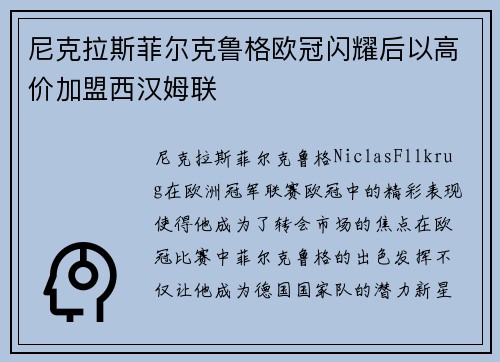 尼克拉斯菲尔克鲁格欧冠闪耀后以高价加盟西汉姆联